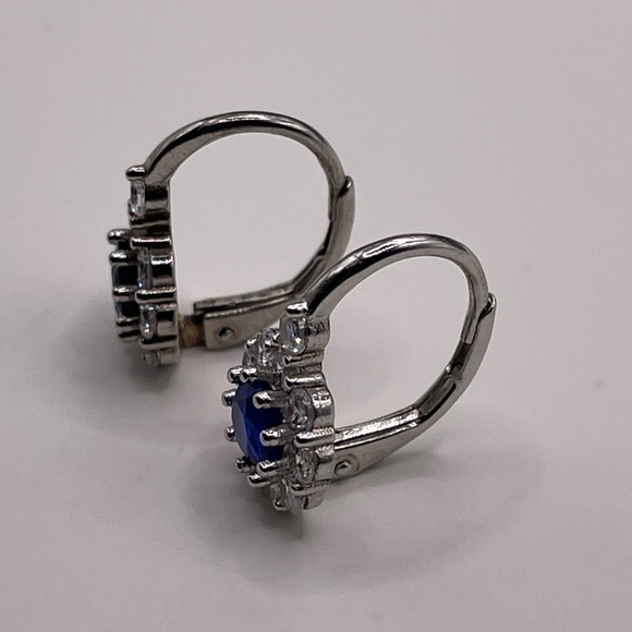 925 Sterling Silver Stimulated Sapphire Diamond Dangle Latched Back Earrings - Picture 3 of 8